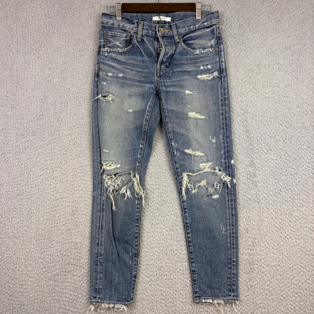 Moussy Jeans Women 25x28 Blue Distressed Ripped Selvedge Denim Skinny Japan Made